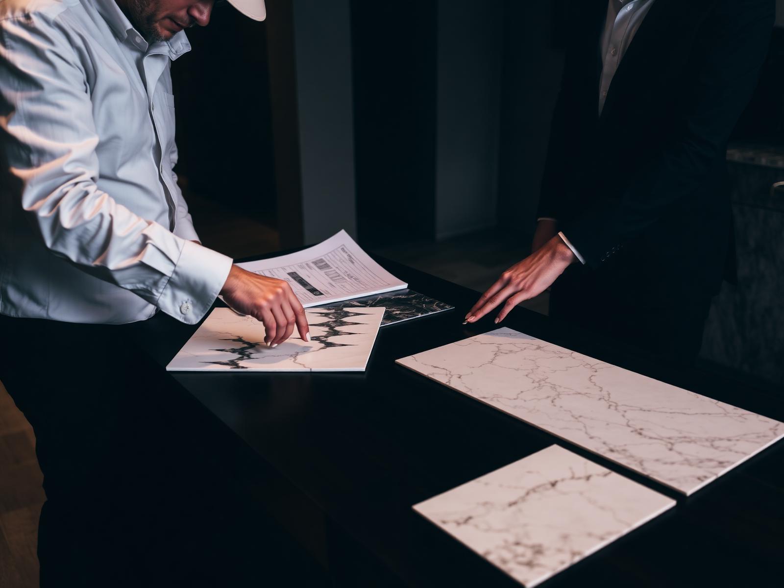 Atendimento técnico DJK analisando amostras de pedra com arquiteto